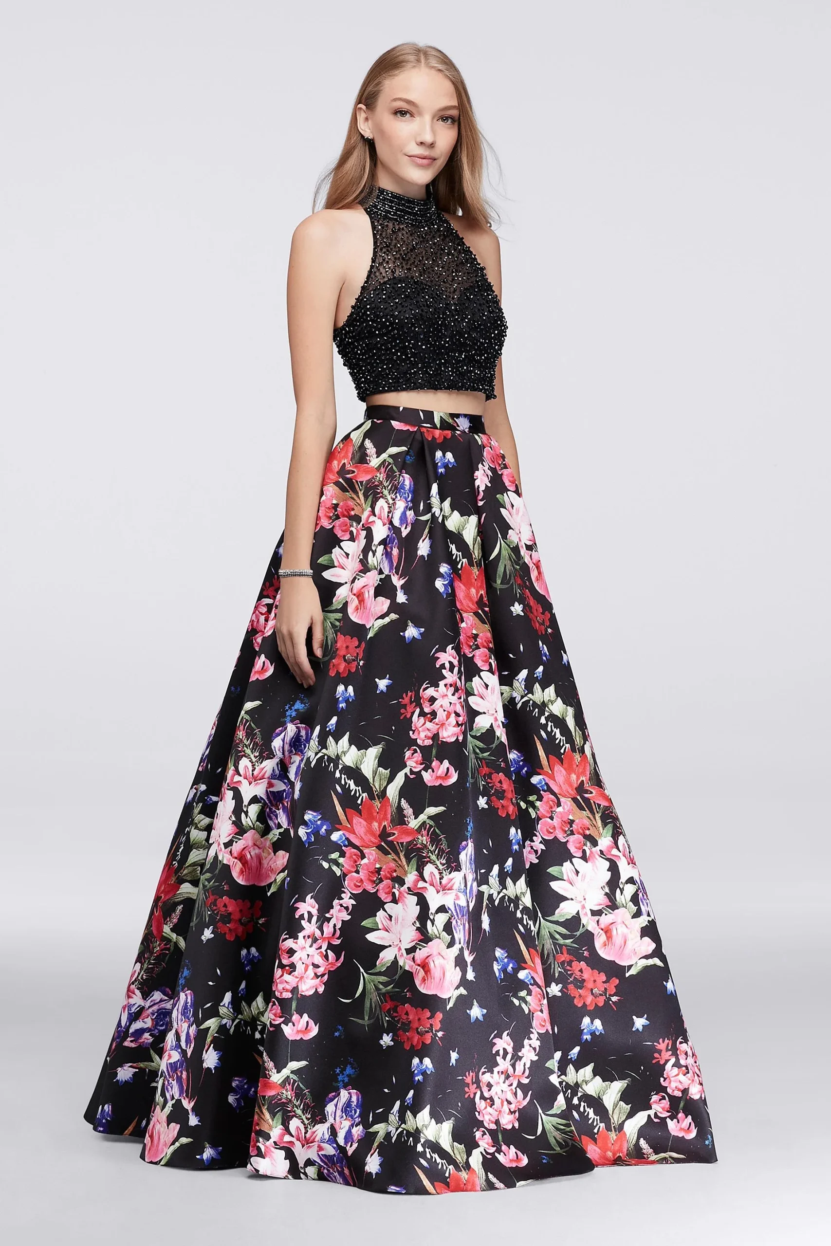 Beaded Top and Printed Ball Gown Skirt Set