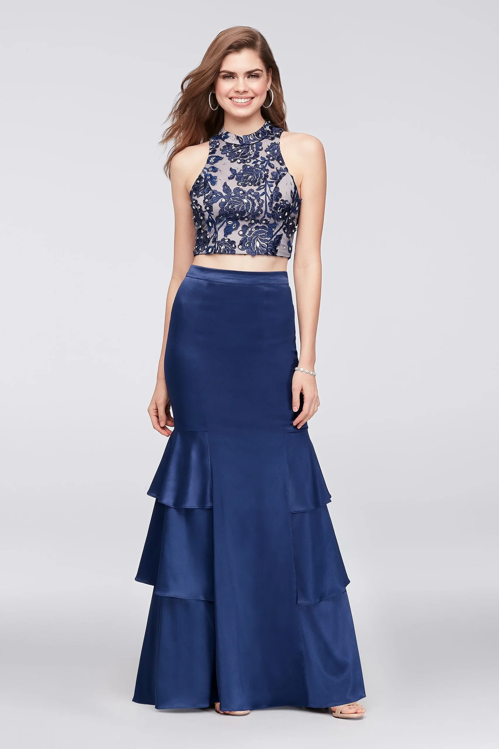 Beaded Top and Tiered Satin Skirt Two-Piece