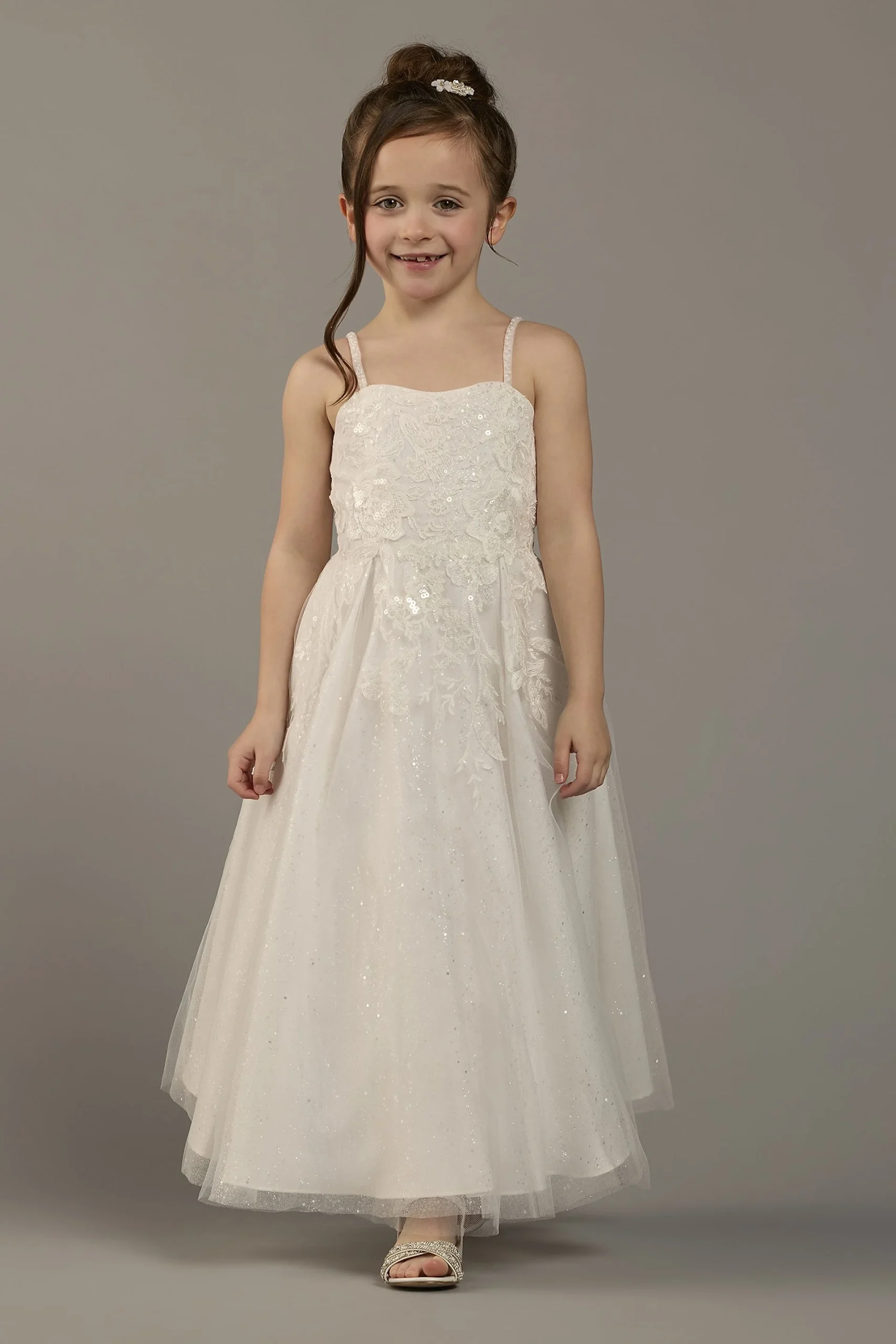 Beaded Tulle Flower Girl Dress with Pearl Straps