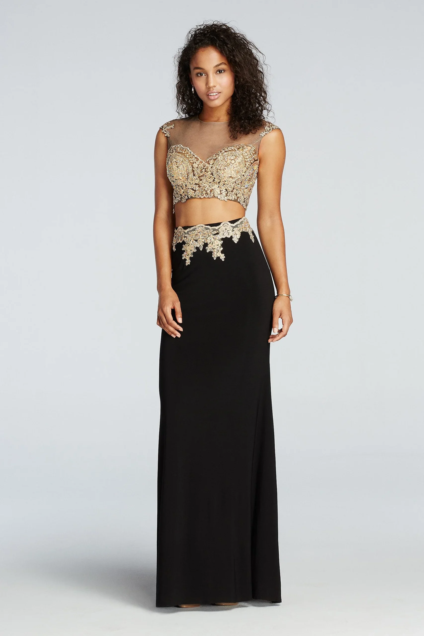 Beaded Two Piece Illusion Prom Crop Top and Skirt
