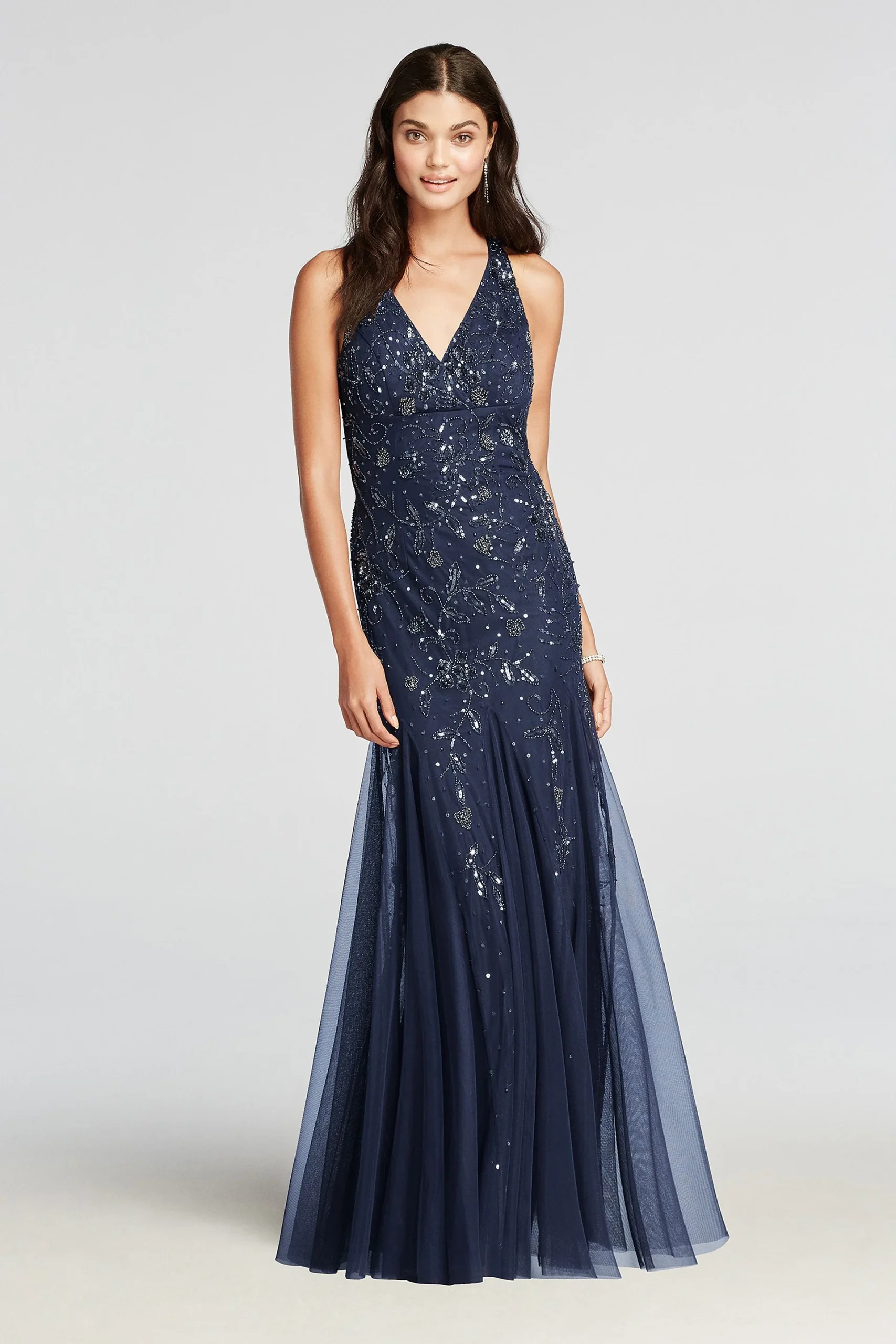 Beaded V-Neck Halter Prom Dress with Open Back