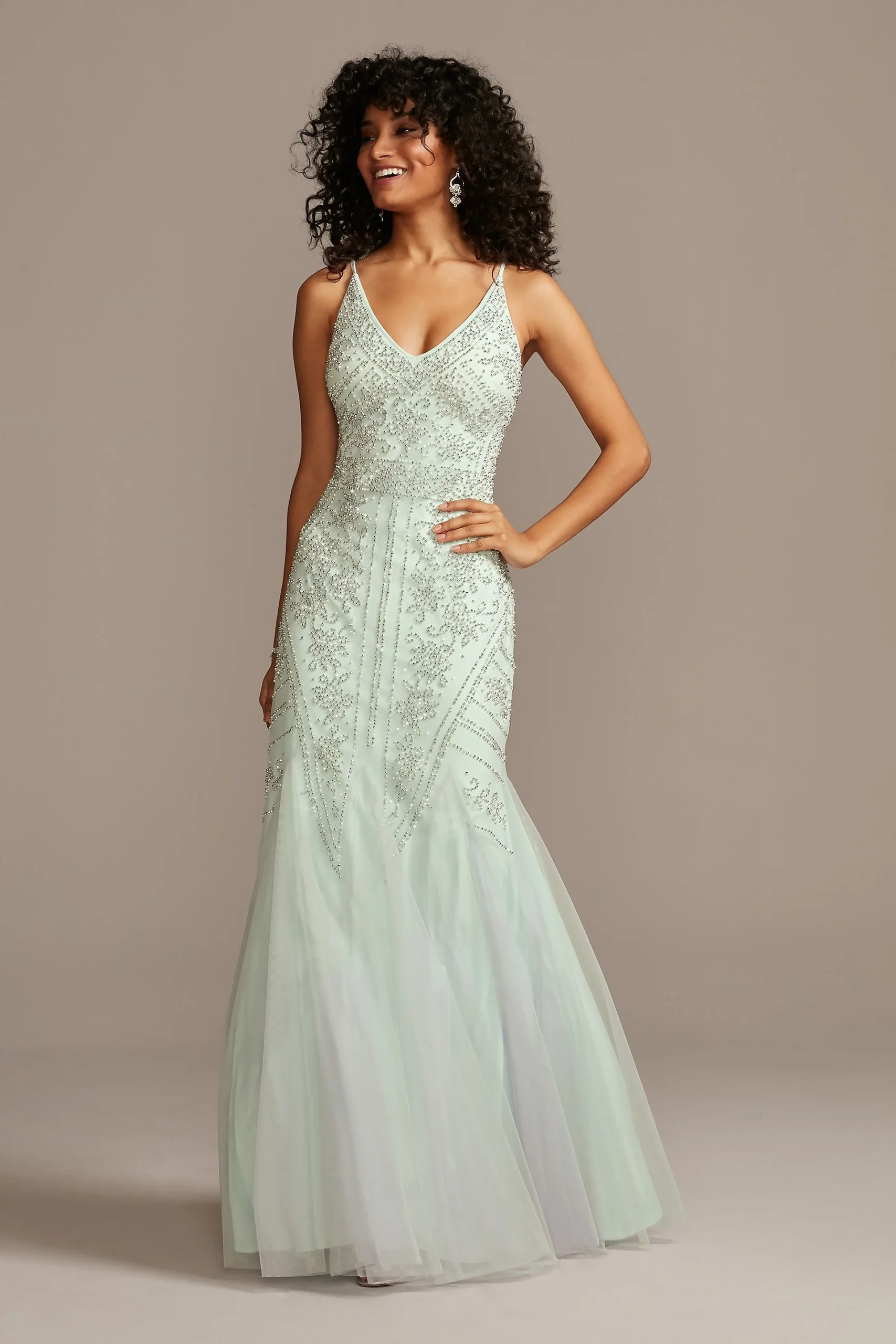 Beaded V-Neck Mermaid Gown with Tulle Godets