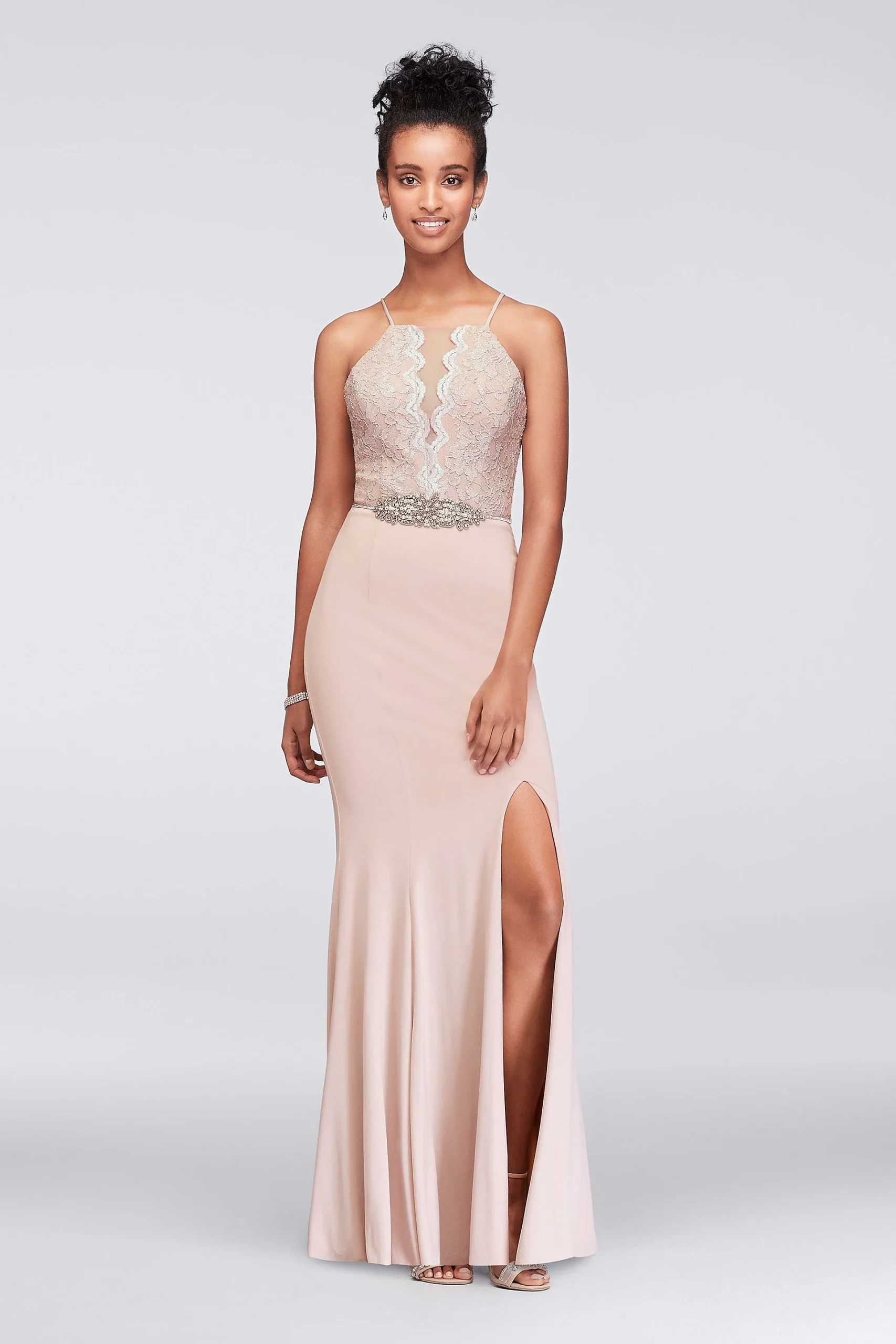 Beaded Waist Lace and Jersey Halter Sheath Gown
