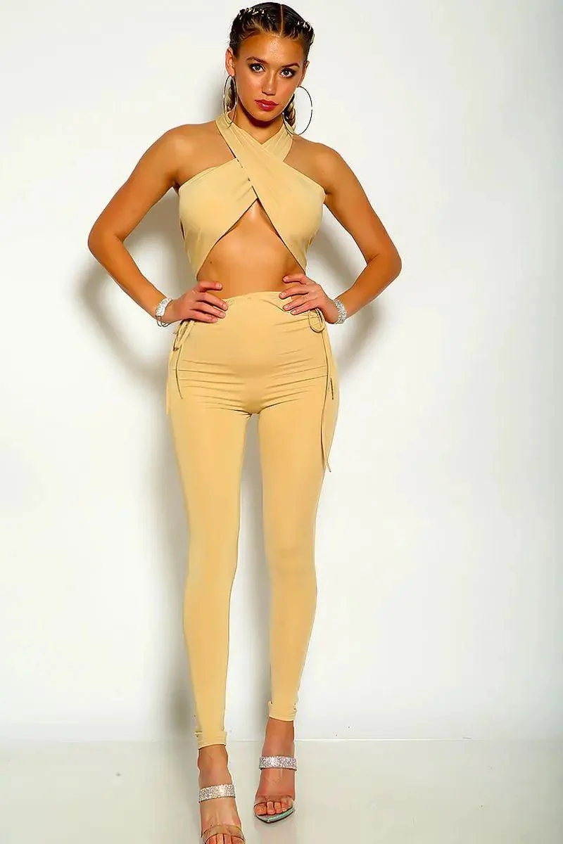 Beige Colored Cross Halter Wrap Around Two Piece Outfit