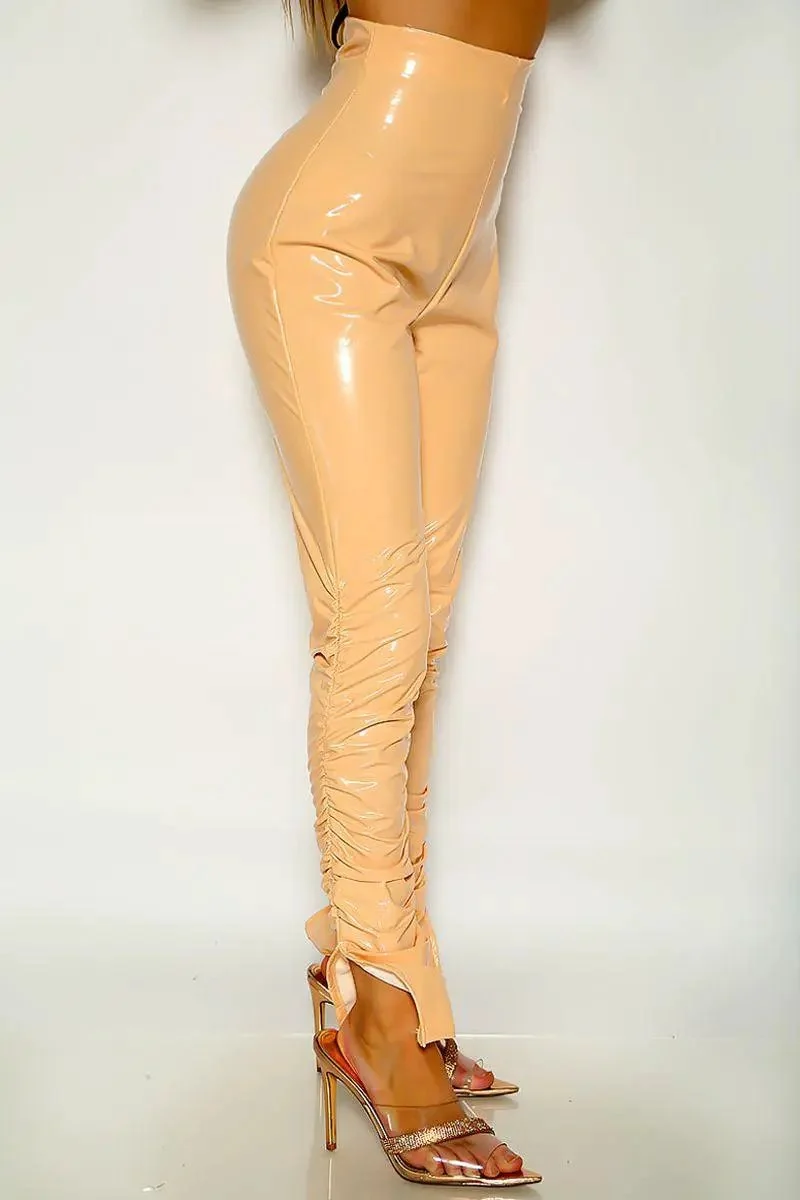 Beige High Waist Patent Leather Ruched Ankle Slit Pants