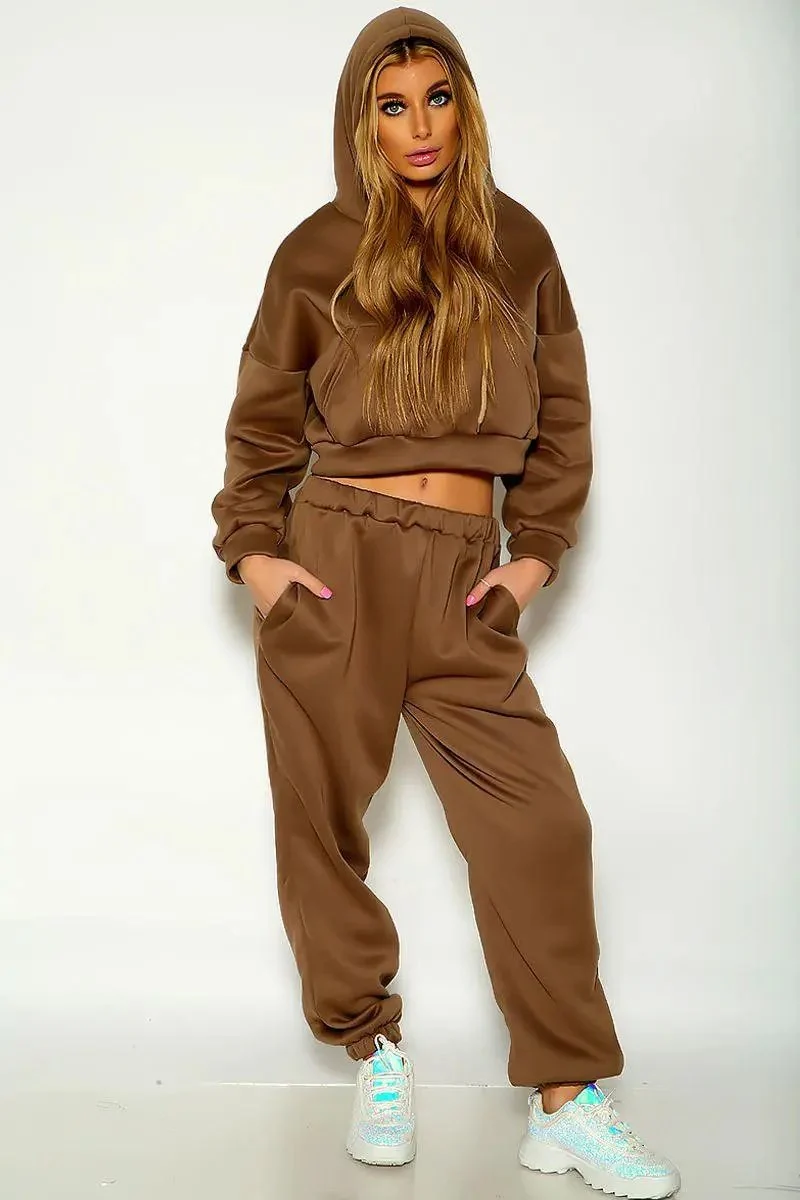 Beige Long Sleeve Cropped Cozy Two Piece Lounge Wear Two Piece Outfit