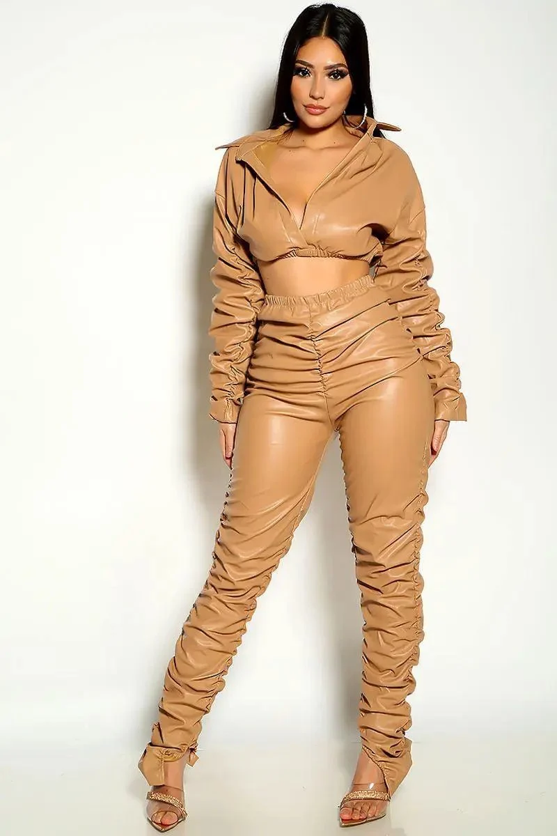 Beige Long Sleeve Cropped Faux Leather Ruched Two Piece Outfit