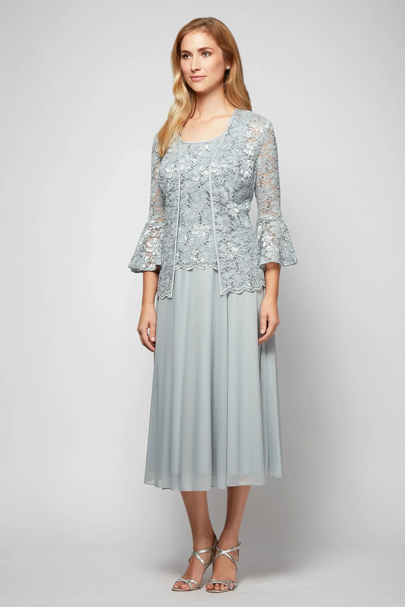 Bell-Sleeve Lace and Mesh Tea-Length Jacket Dress