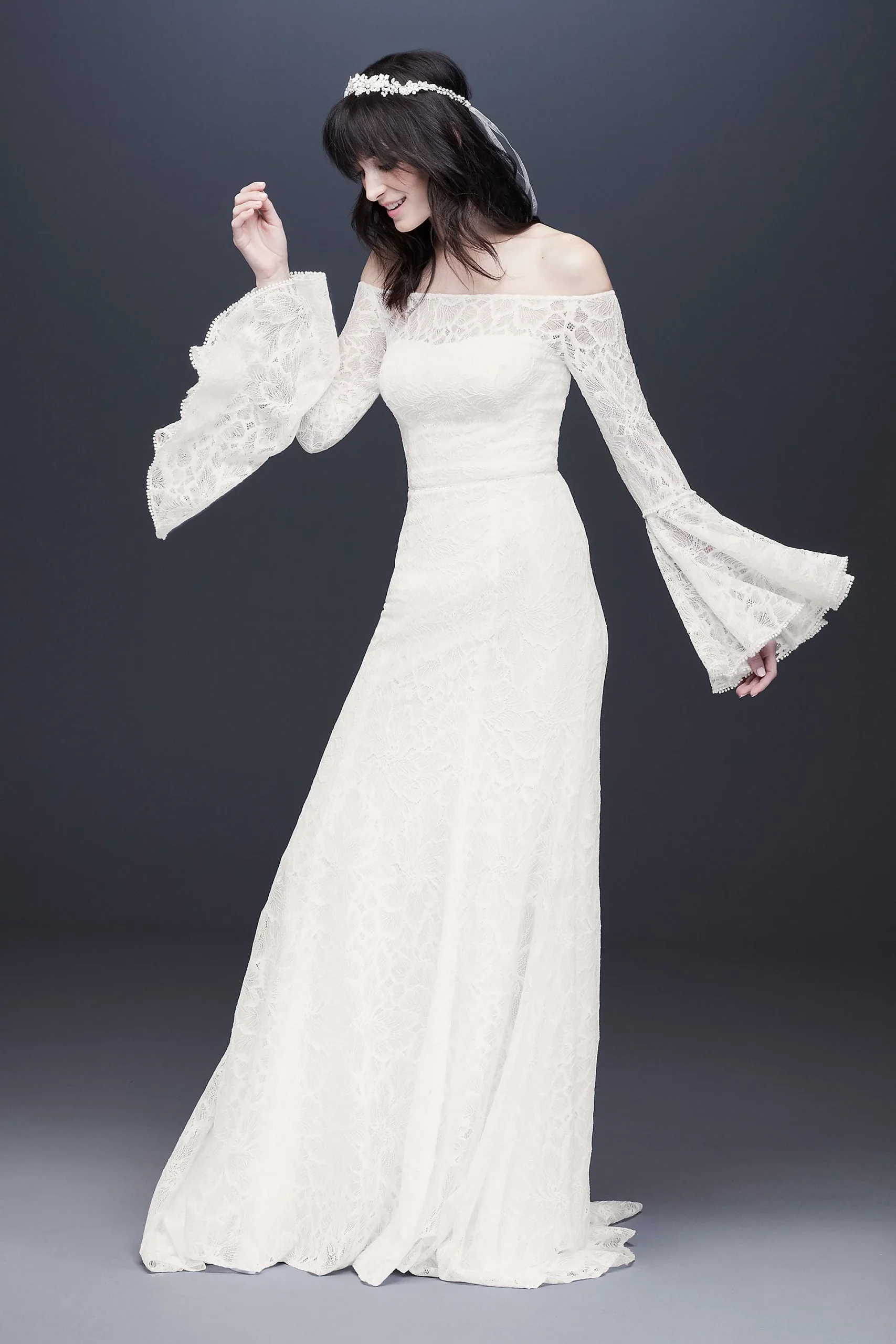 Bell Sleeve Off-the-Shoulder Lace Wedding Dress