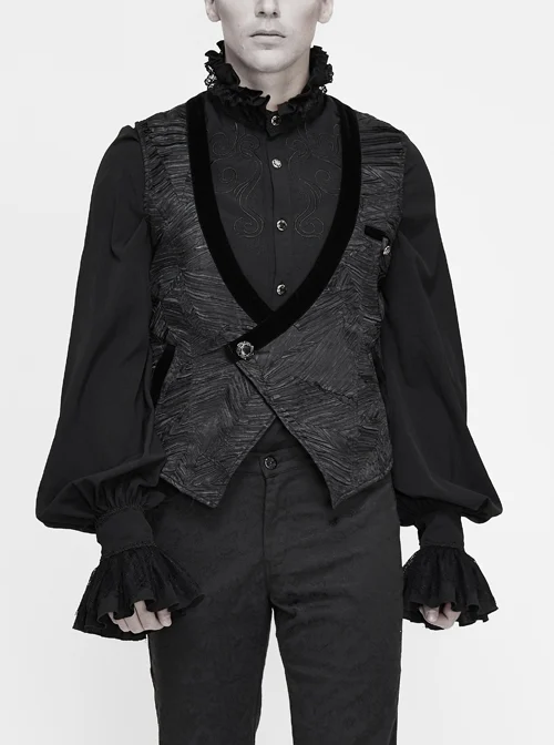 Black Asymmetrical Pleated Splice Velveteen Waist Loop Gothic Waistcoat