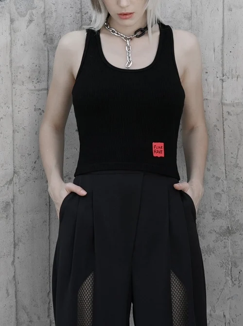 Black Back Cross Strap Side National Wind Seal Logo Printed Punk Vest