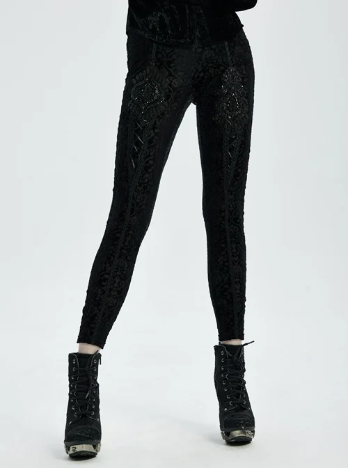 Black Beads Decals Decoration Gothic Burning Out Flowers Velvet Knitted Legging