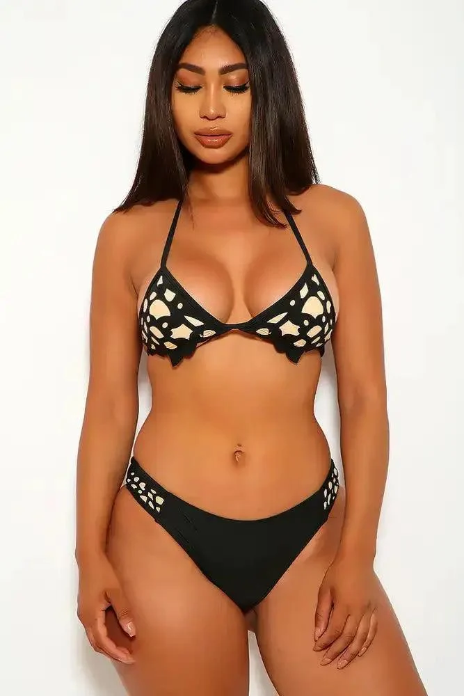 Black Beige Perforated Halter Two Piece Swimsuit