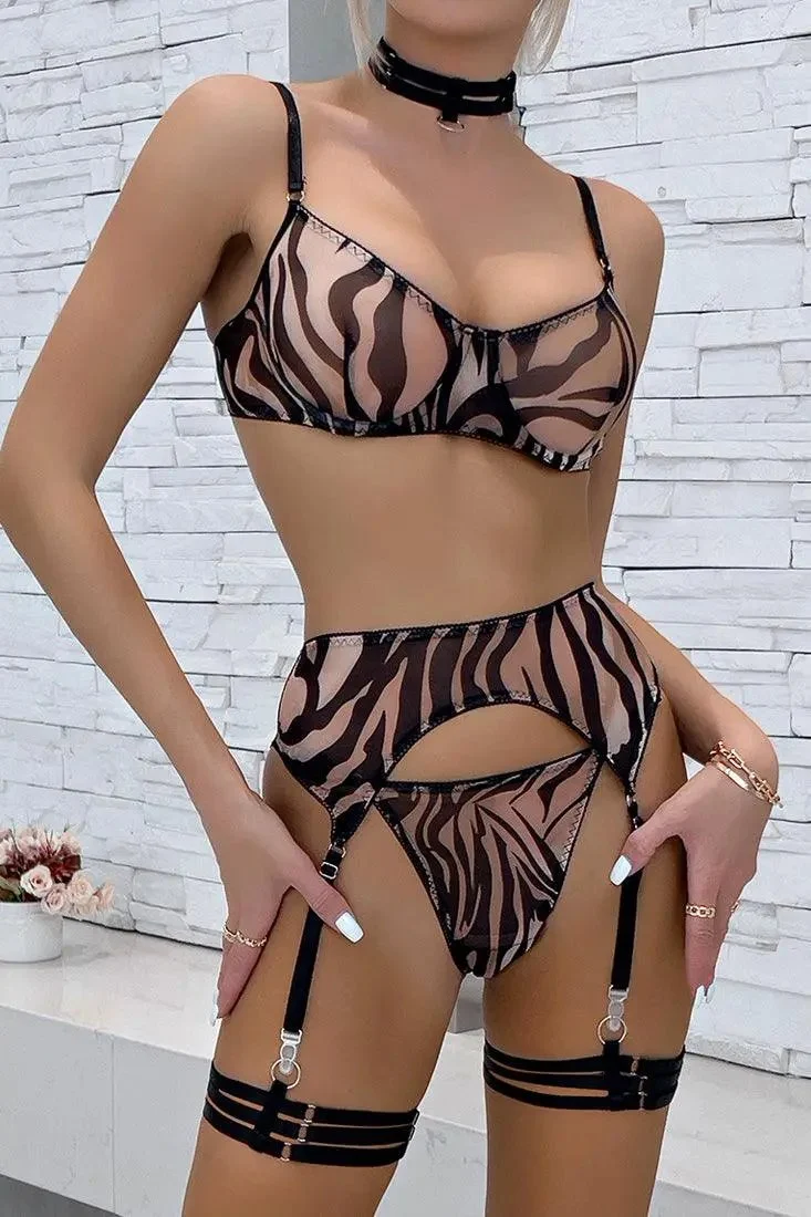 Black Beige Sheer Mesh Garter Thong Zebra 6 Pc Lingerie Set