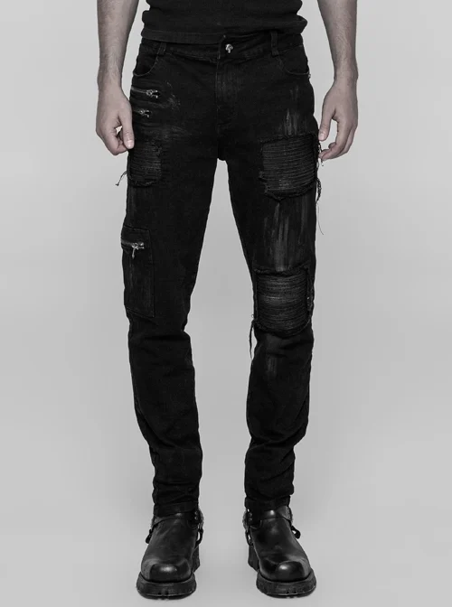 Black Broken Holes Inner Splice Hand-Painted Crafts Cloth Punk Decadent Trousers
