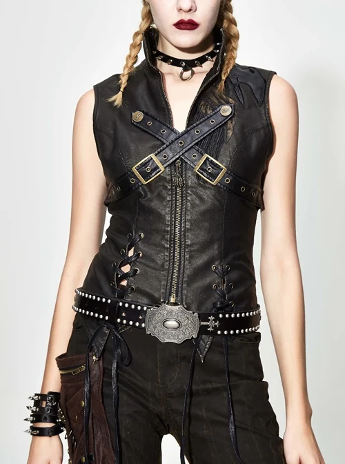 Black And Bronze Axe-Shaped Loop Leather Embroidered Lace-Up Asymmetrical Hem Punk Waistcoat