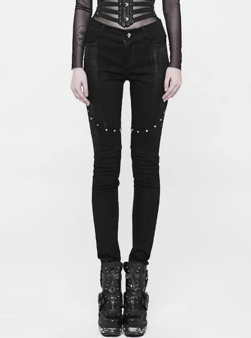 Black Buttock Overlapping Armor Piece Knee Division Metal Nail Punk Long Tight Pants