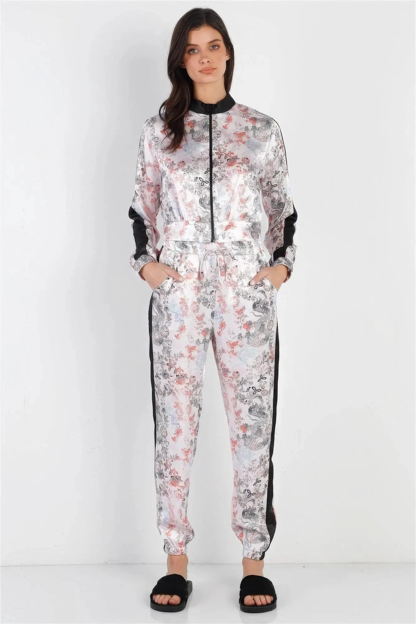 Black Contrast Satin Effect Multi Color Print Zip-up Jacket & Pants Set
