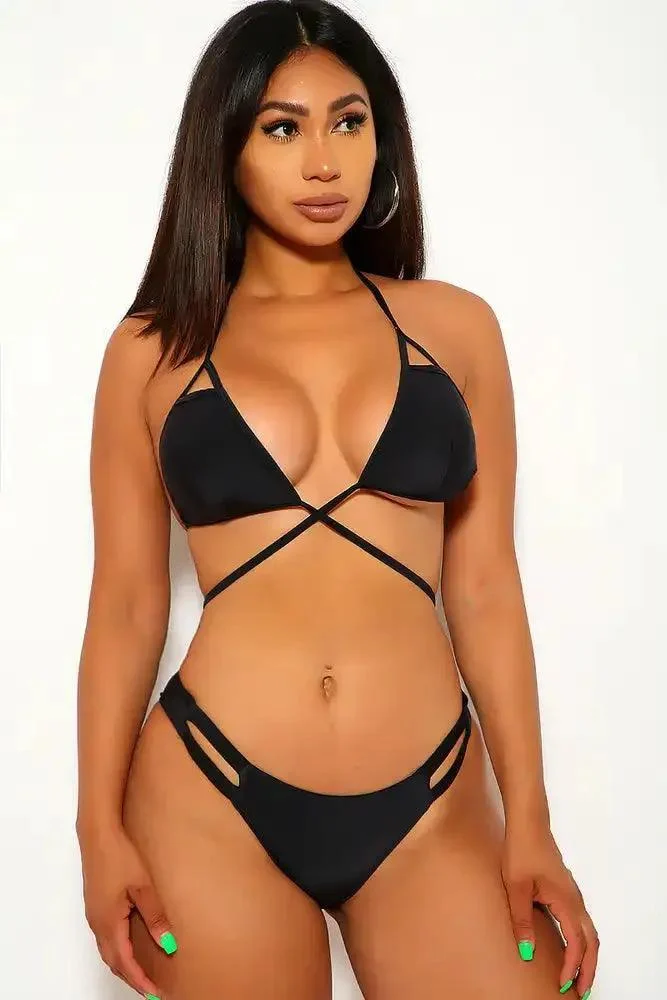 Black Cross Over Tie Sexy Strappy Two Piece Bikini
