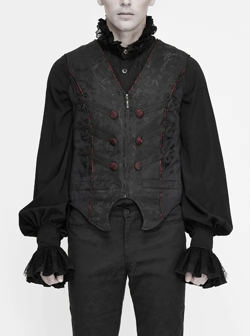 Black Dark Jacquard Chest Plate Buttons Back Lace-up Corner-Shaped Hem Gothic Waistcoat