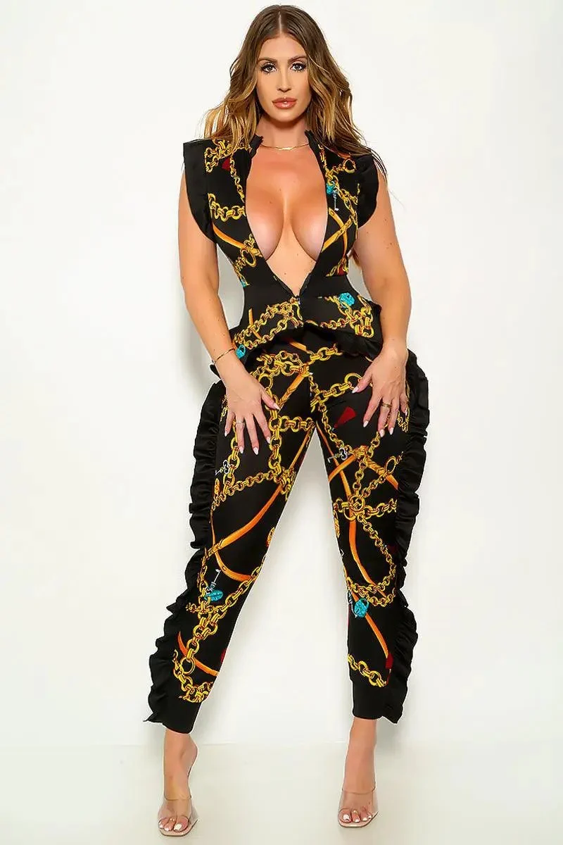 Black Gold Chain Printed Ruffle Zipper Sexy Jumpsuit