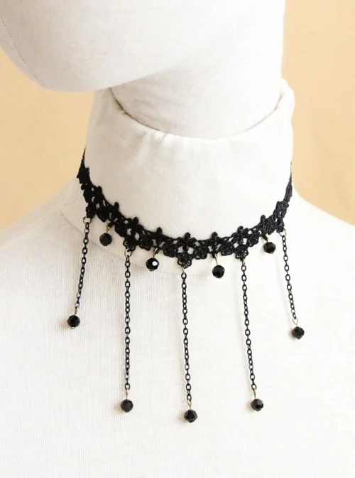 Black Gothic Fashion Retro Exaggerated Tassel Flower Diamond Lace Choker