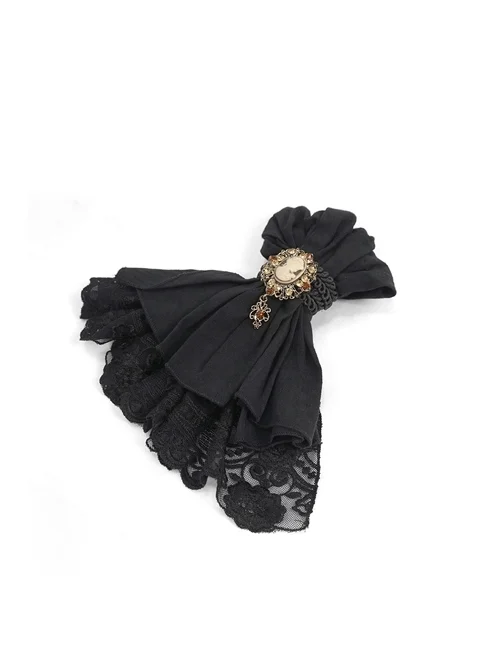 Black Gothic Fringe Jacquard Cotton Linen Lace Hem Bow Tie