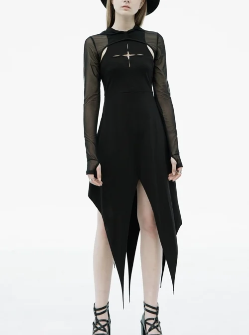 Black Gothic Front Chest Hollow-Out Irregular Shape Corner Hem Mesh Hooded Jacket Two-Piece Dress