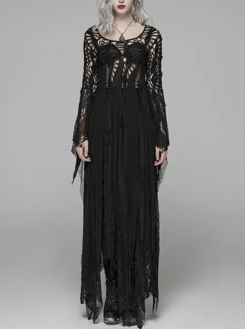 Black Hollow-Out Perspective Wool Fabric Square Collar Horn Sleeves Irregular Lace Hem Gothic Long Dress