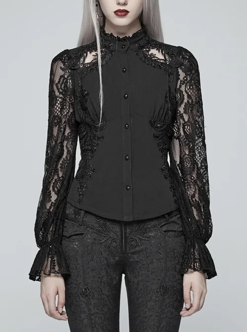 Black Jacquard High Collar Front Stereo Decals Lace Long Sleeve Back Waist Lace-Up Gothic Blouse