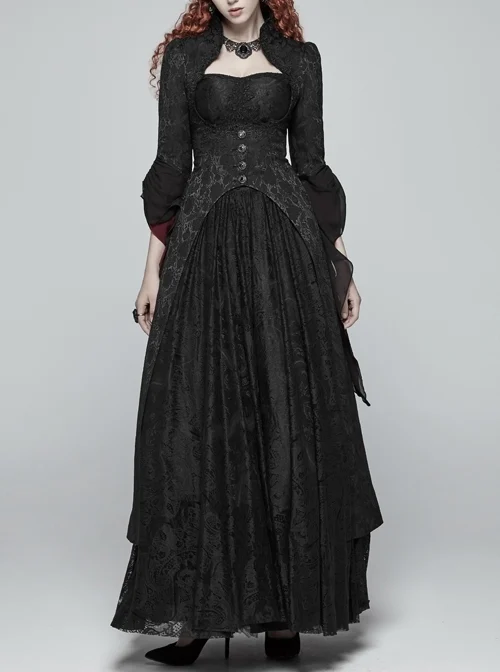 Black Jacquard High Collar Retro Button Back Waist Lace-Up Flared Sleeve Lace Cuff Gothic Long Coat