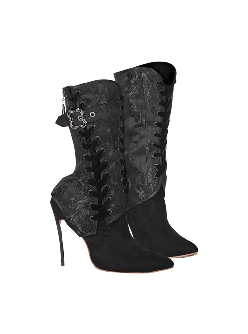Black Jacquard Metal Hasp Side Lace-Up Gothic Shoe Cover
