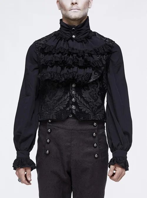 Black Jacquard Metal Mushroom Button Waist Loop Short Gothic Waistcoat
