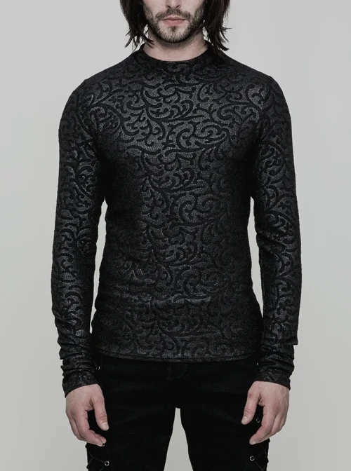 Black Jacquard Print Long Sleeves Tight Gothic T-Shirt