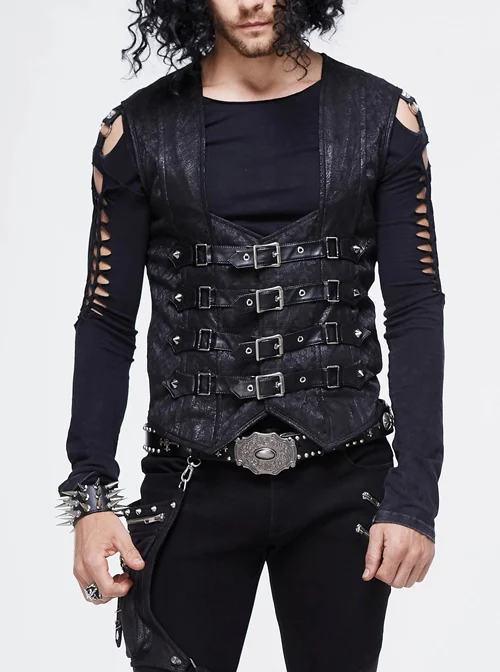 Black Jacquard Splice Heat Seal Backing Chest Loop Back Lace-Up Punk Waistcoat