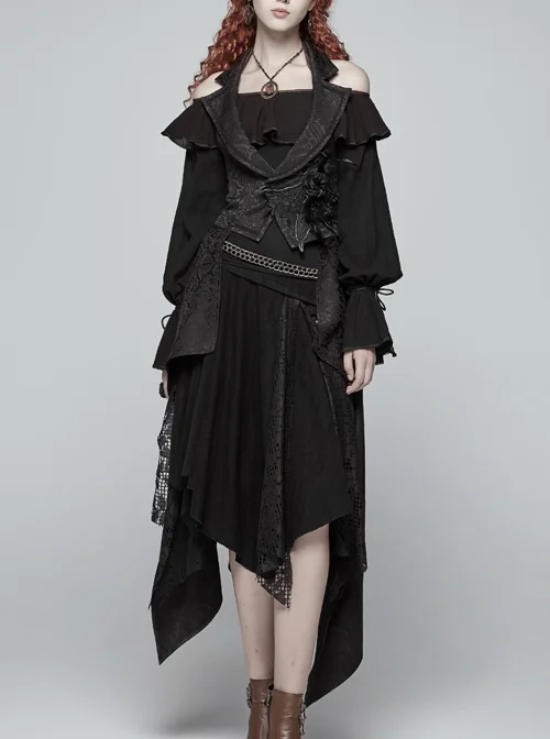 Black Jacquard Waist Solid Flower Decoration Backless Gothic Long Vest
