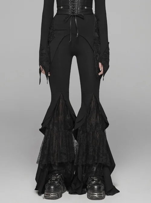 Black Knit Lace-Up Splice Frill Lace Gothic Horn Leggings