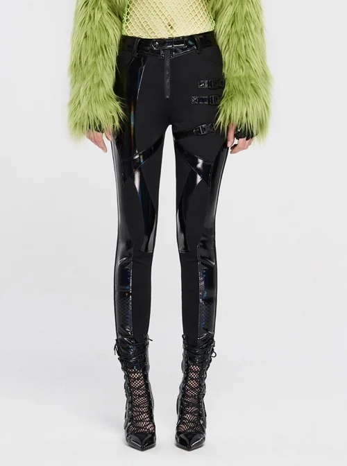 Black Knit Splice Dazzling Bright Light Imitation PU Leather Leg Hasp Punk Trousers