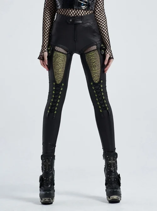Black Knit Splice Fluorescent Green Printed Mesh Lace-Up Plastic Zipper Punk Leggings