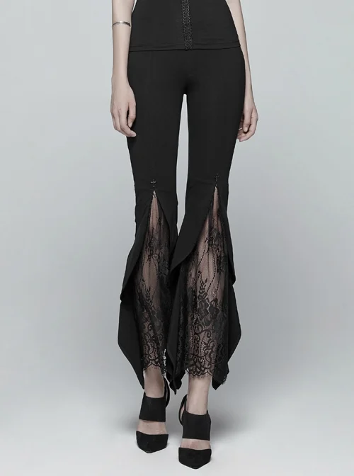 Black Knit Splice Lace Gothic Flared Leggings