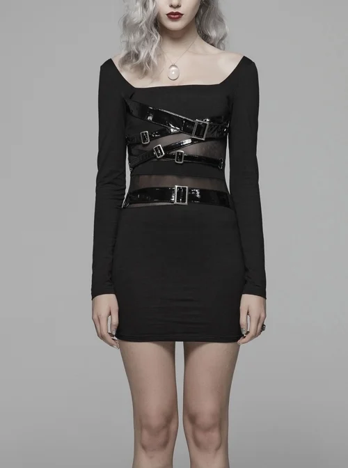 Black Knit Waist Splice Dark Grain Mesh Metal Buckle Lacquer Leather Bandage Long Sleeves Punk Tight Dress