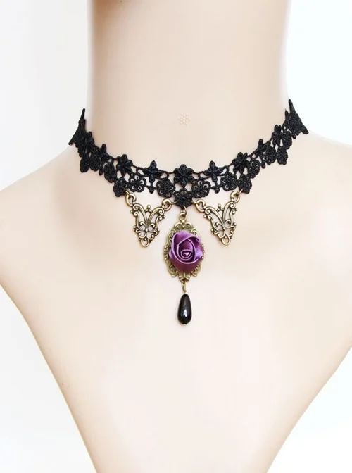 Black Lace Pearl Purple Rose Retro Gothic Halloween Prom Choker