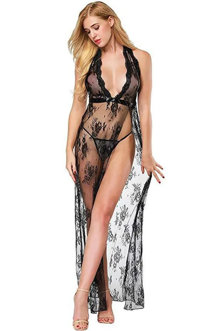 Black Lace Sheer Full Length Maxi Lingerie Dress 2 Pc Set
