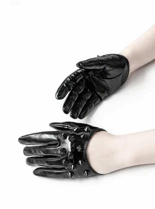 Black Lacquered PU Leather Rivet Decoration Punk Half-Palm Gloves