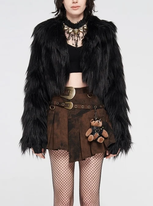 Black Long Sleeve Imitation Fur Short Punk Coat