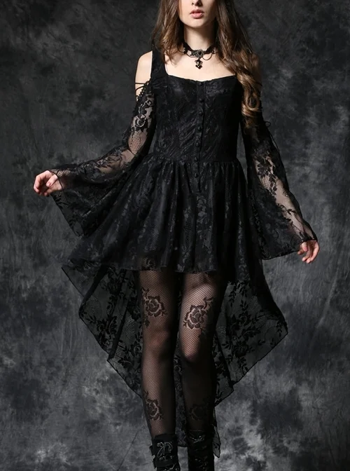 Black Off-Shoulder Button Row High Waisted Dovetail Lace Gothic Dress