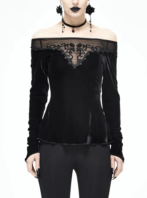 Black Off-Shoulder Mesh Collar Chest Flocking Pattern Long Sleeve Punk Velvet T-Shirt