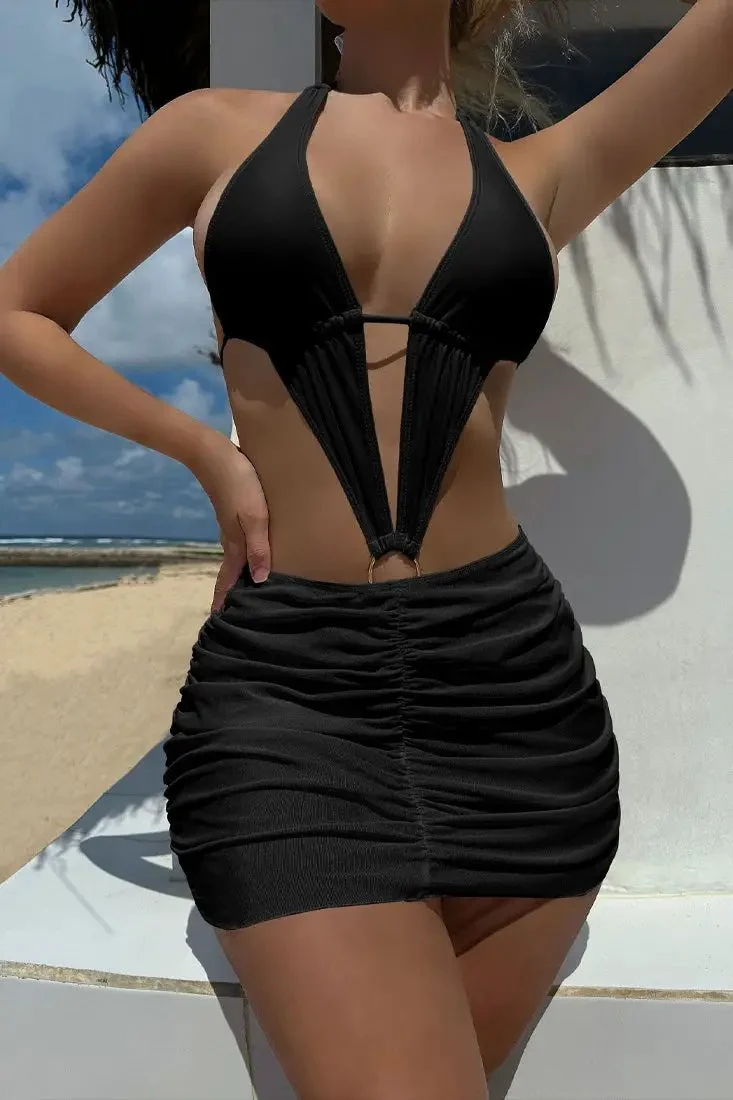 Black Plunging V Monokini Ruched Mesh Skirt Cover-Up 2Pc Swim Set