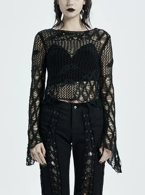 Black Punk Flare Sleeve Irregular Woven Hollow Short Sweater