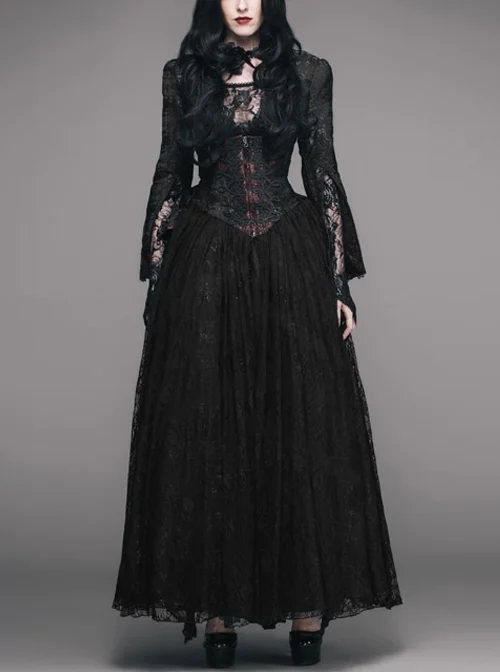 Black Red Jacquard Fabric Lace Skirt Gothic Long Dress